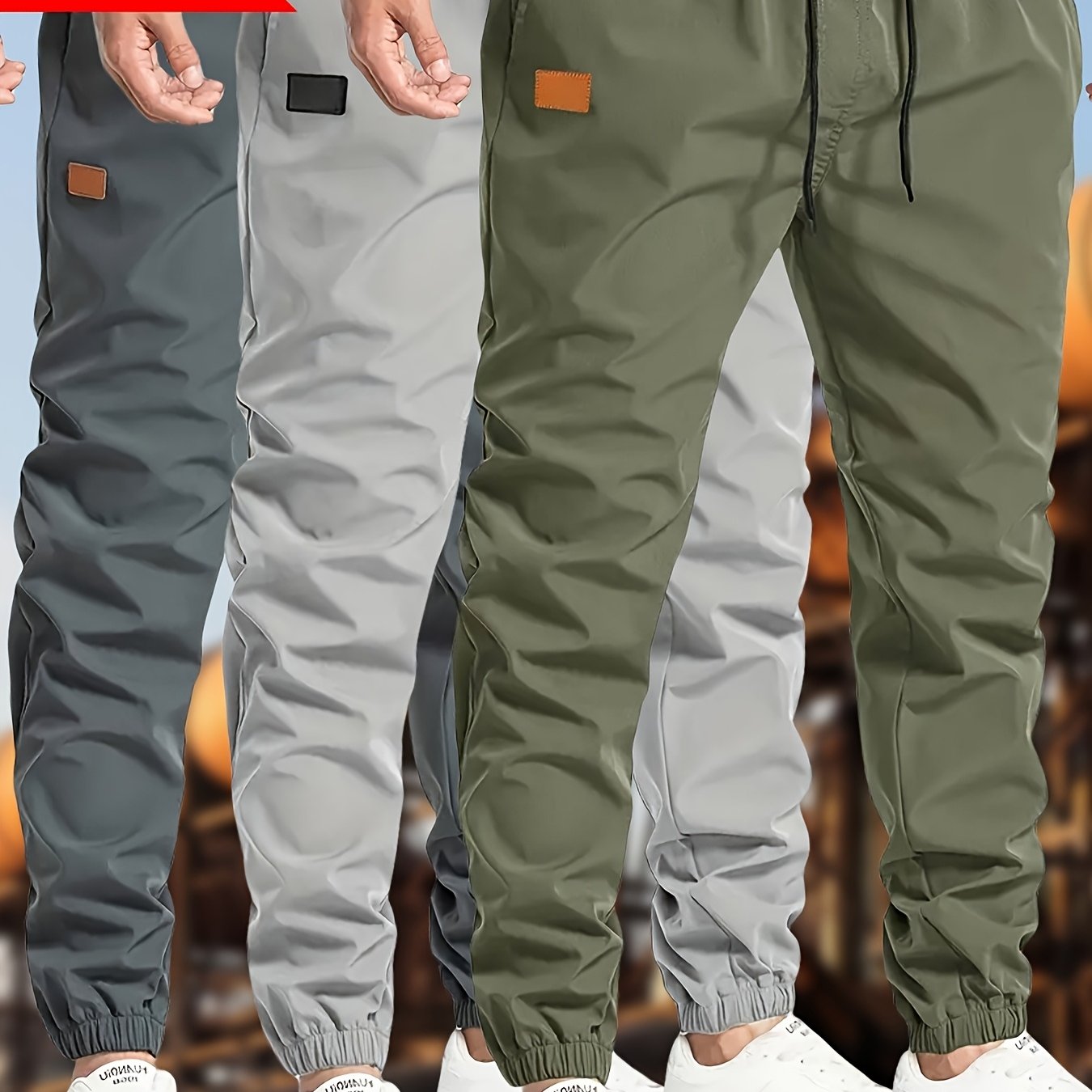 Men's Polyester Drawstring Joggers Casual Cargo Pants in Black Dark Gray Olive Green