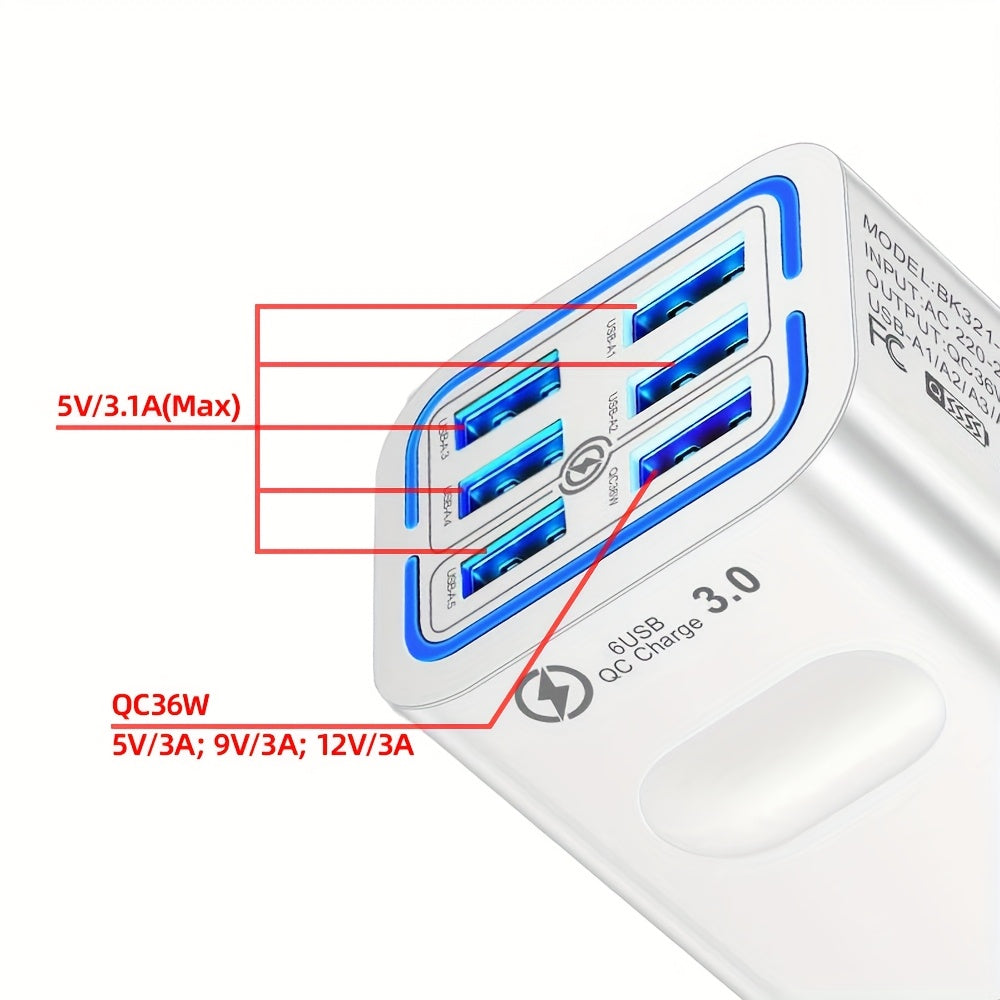 50W tez zaryadlash quvvat adapteri, 6 USB porti va Type C plagin bilan