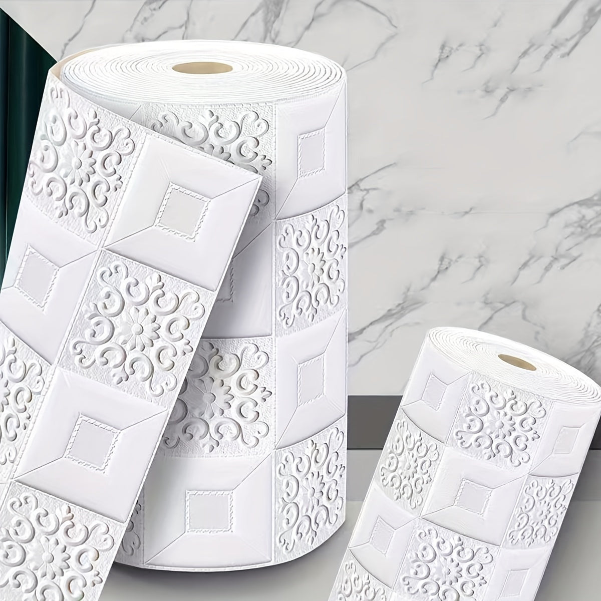 Self-Adhesive Ceiling Wallpaper 5m x 70cm Floral Geometric Grid Pattern White Gold