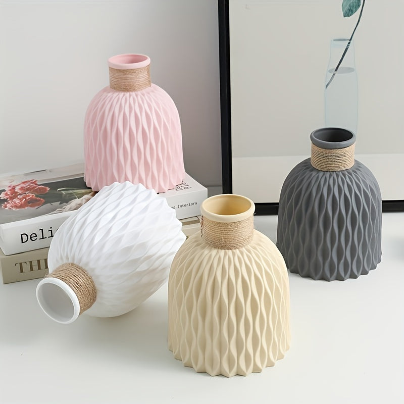 Geometric Ripple Vase Pink White Gray with Bamboo Lid for Living Room and Dining Table