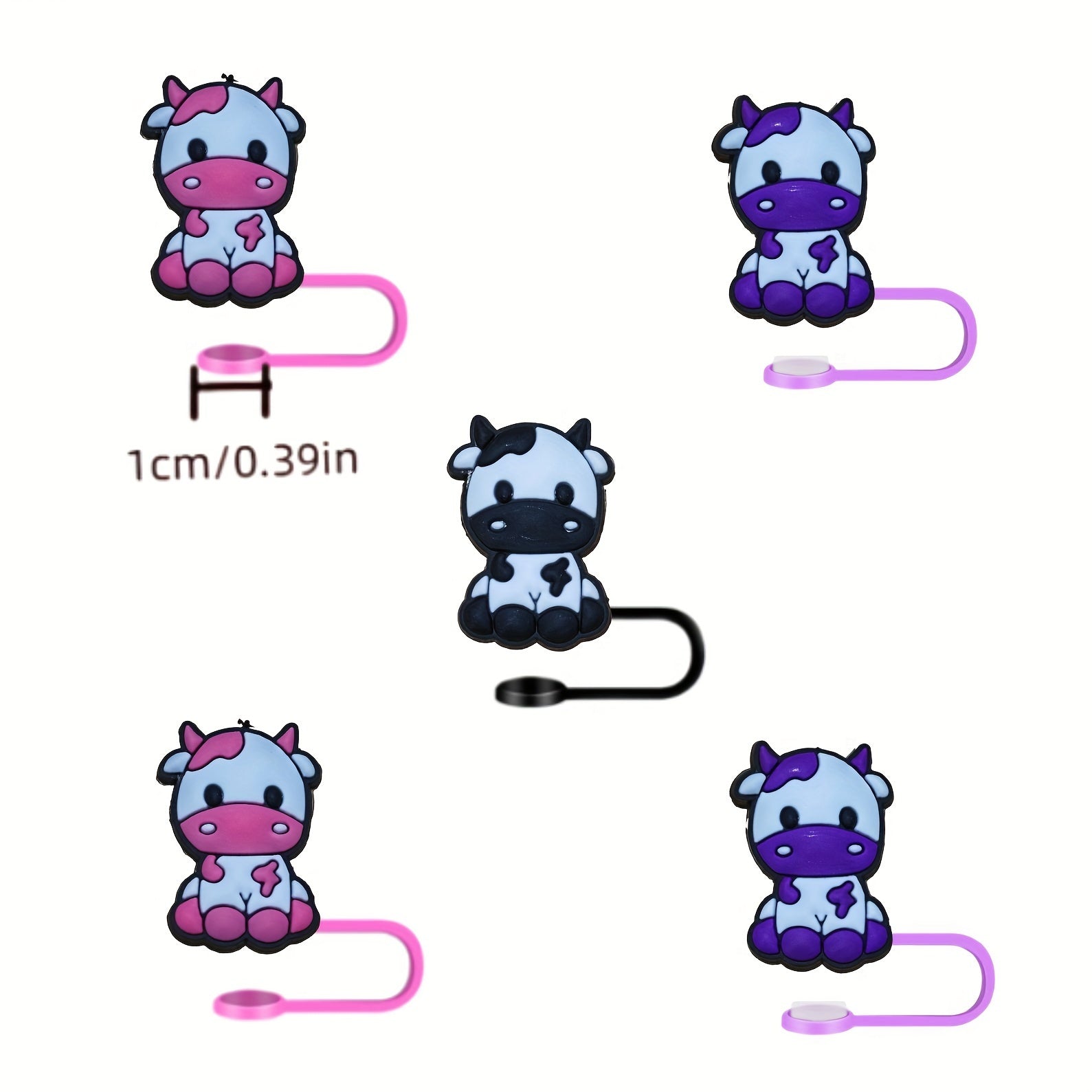 Set of 2 Cartoon Cow Straw Toppers Pink Purple Black with Silicone Dust Covers for Party and Christmas Gifts