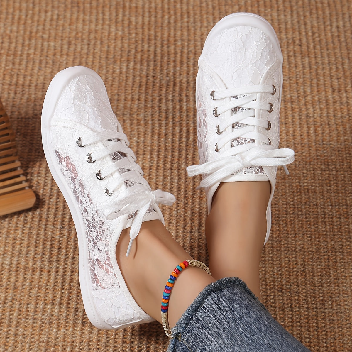 Women's White Lace Casual Flat Sneakers Breathable Comfortable Trendy