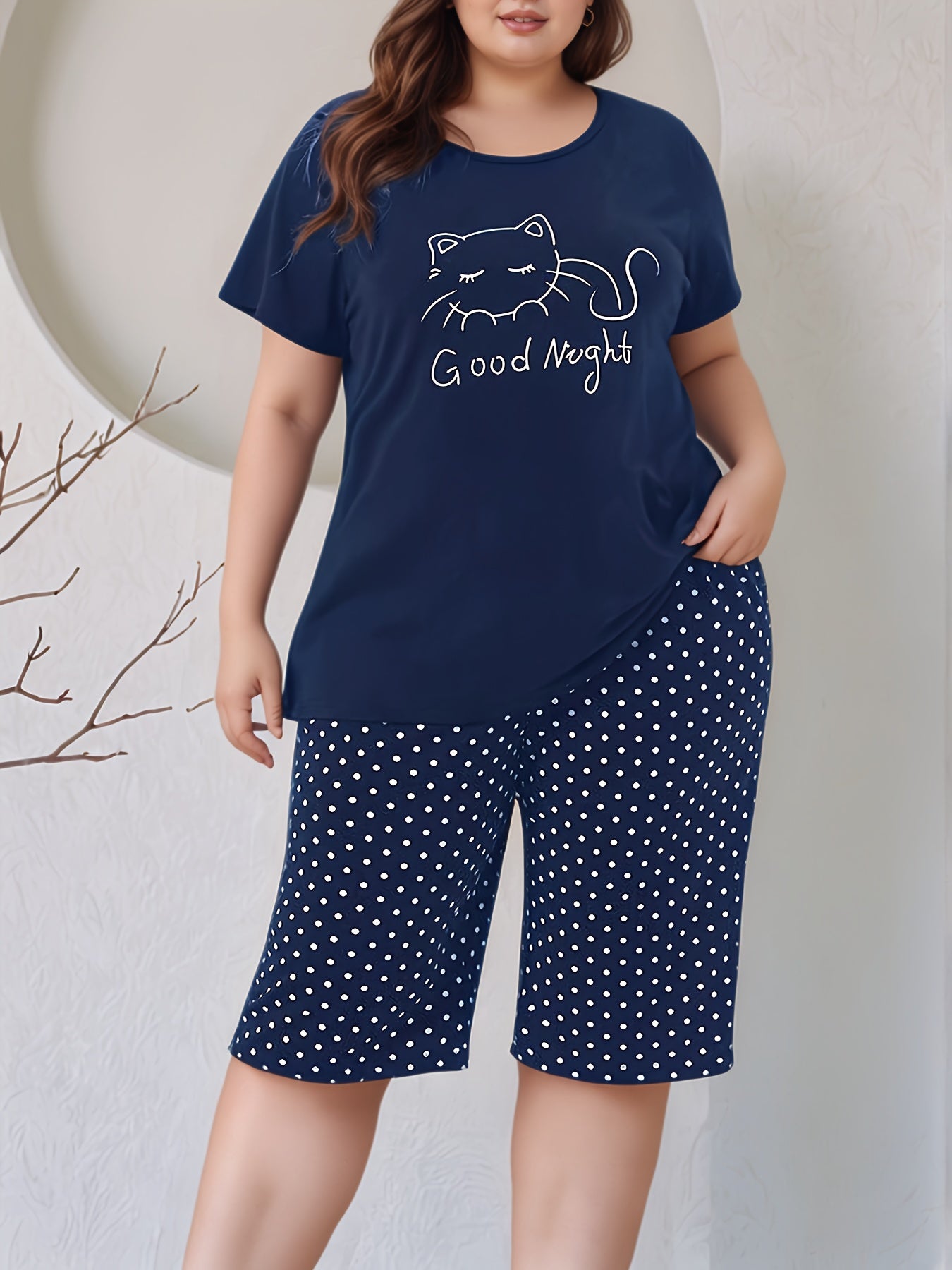 Женский летний пижамный комплект больших размеров с котами, топ с коротким рукавом и шорты, синий и белый, полиэстер