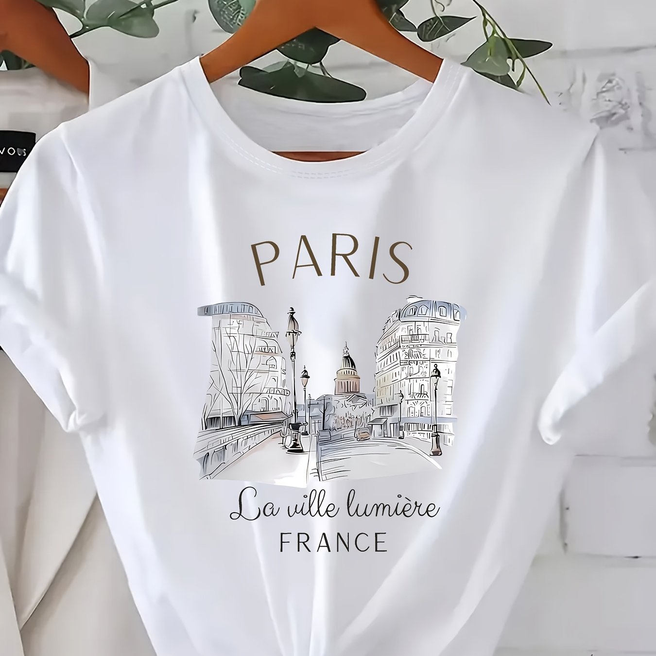 Women’s Polyester Blend Paris Print T-Shirt Short Sleeve Casual Top