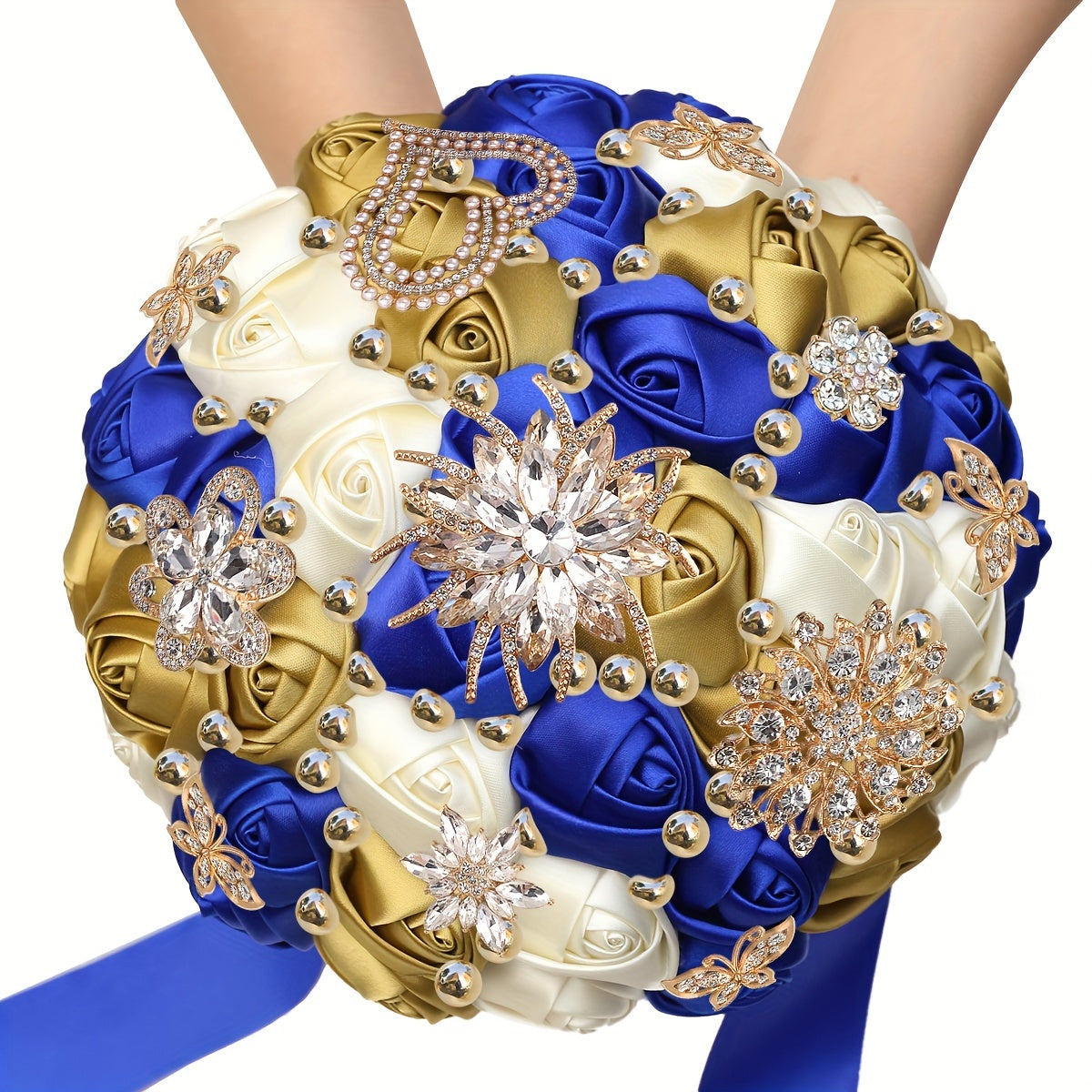 Qoʻlda tayyorlangan güllü toʻylik buketi, satinning gullari, rhinestonelar, marjon bezaklari, toʻy sovgʻasi