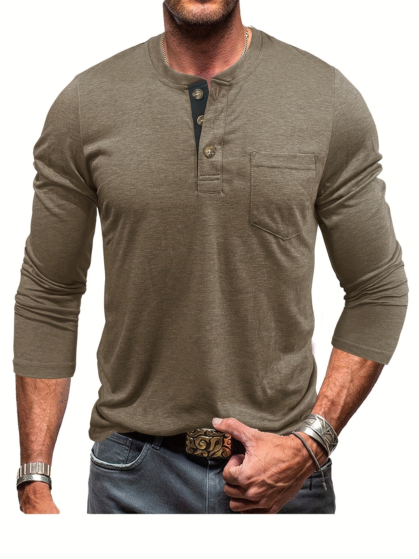 Men's Olive Green Henley Shirt Big & Tall Casual Long Sleeve Stretch