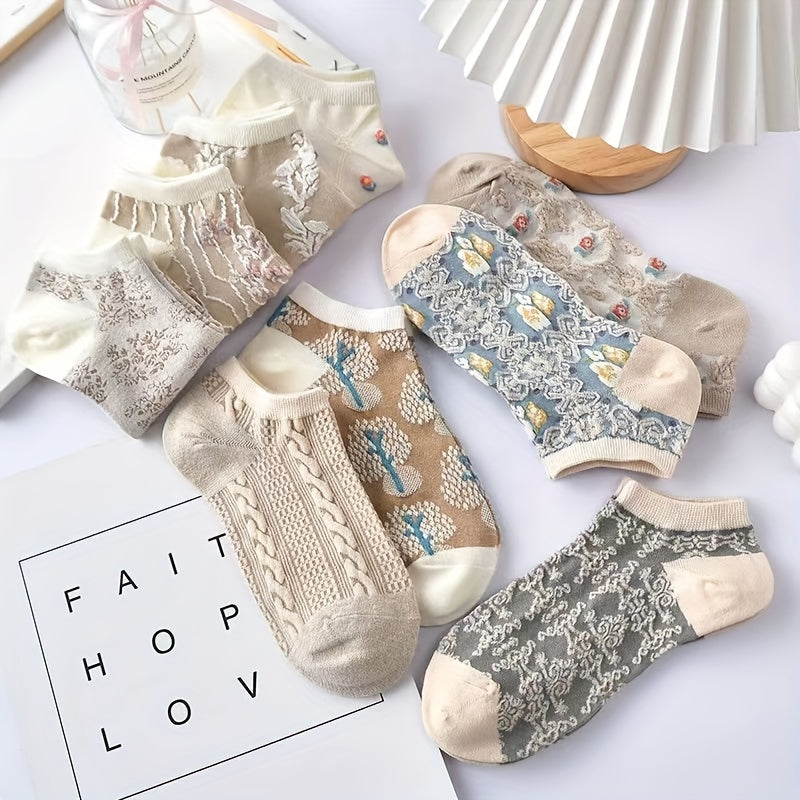 Women Floral Print Socks 9 Pairs Low-Cut Ankle Retro Lightweight Cotton
