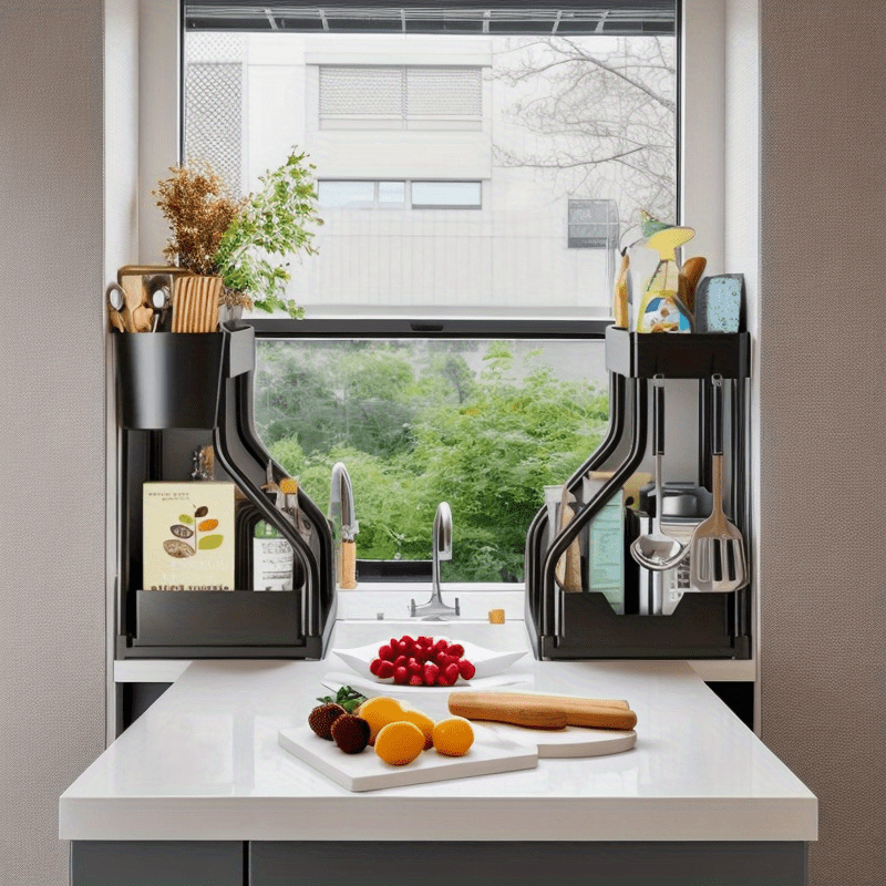 Organizador de encimera y debajo del fregadero con estantes ajustables y escurridor de platos