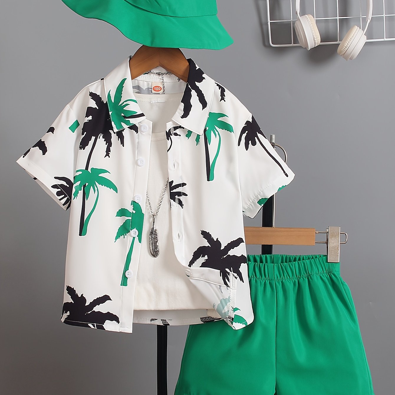 Boys Summer Clothing Set with Coconut Tree Graphic Shirt Shorts Hat for Kids