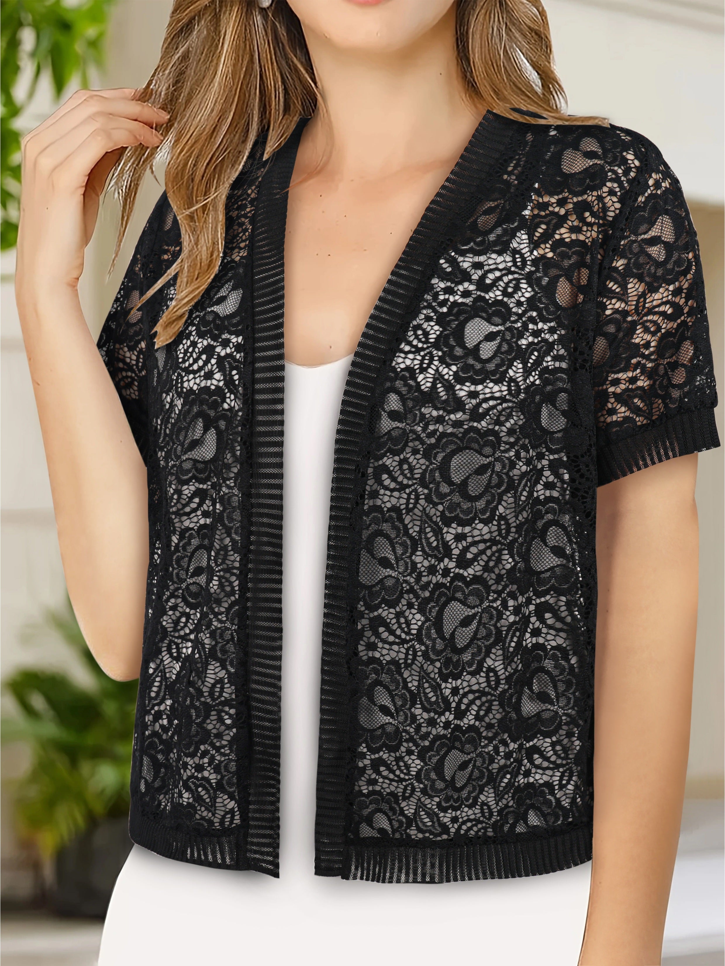 Women's Large Lace Floral Open Shirt Short Sleeve Elegant Top