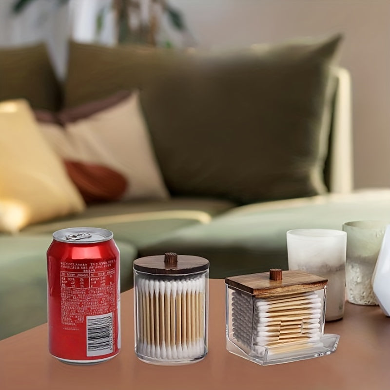 Organizador dispensador de hisopos de 3 piezas con tapas de madera y frasco de boticario