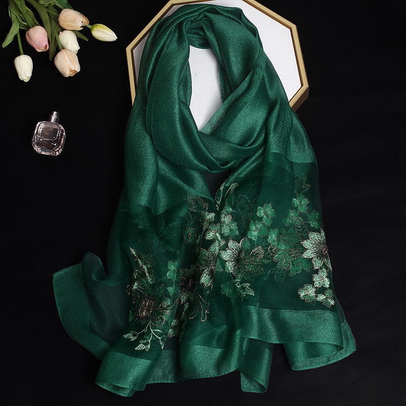 Silk and Wool Embroidery Scarf for Women Floral Long Outerwear