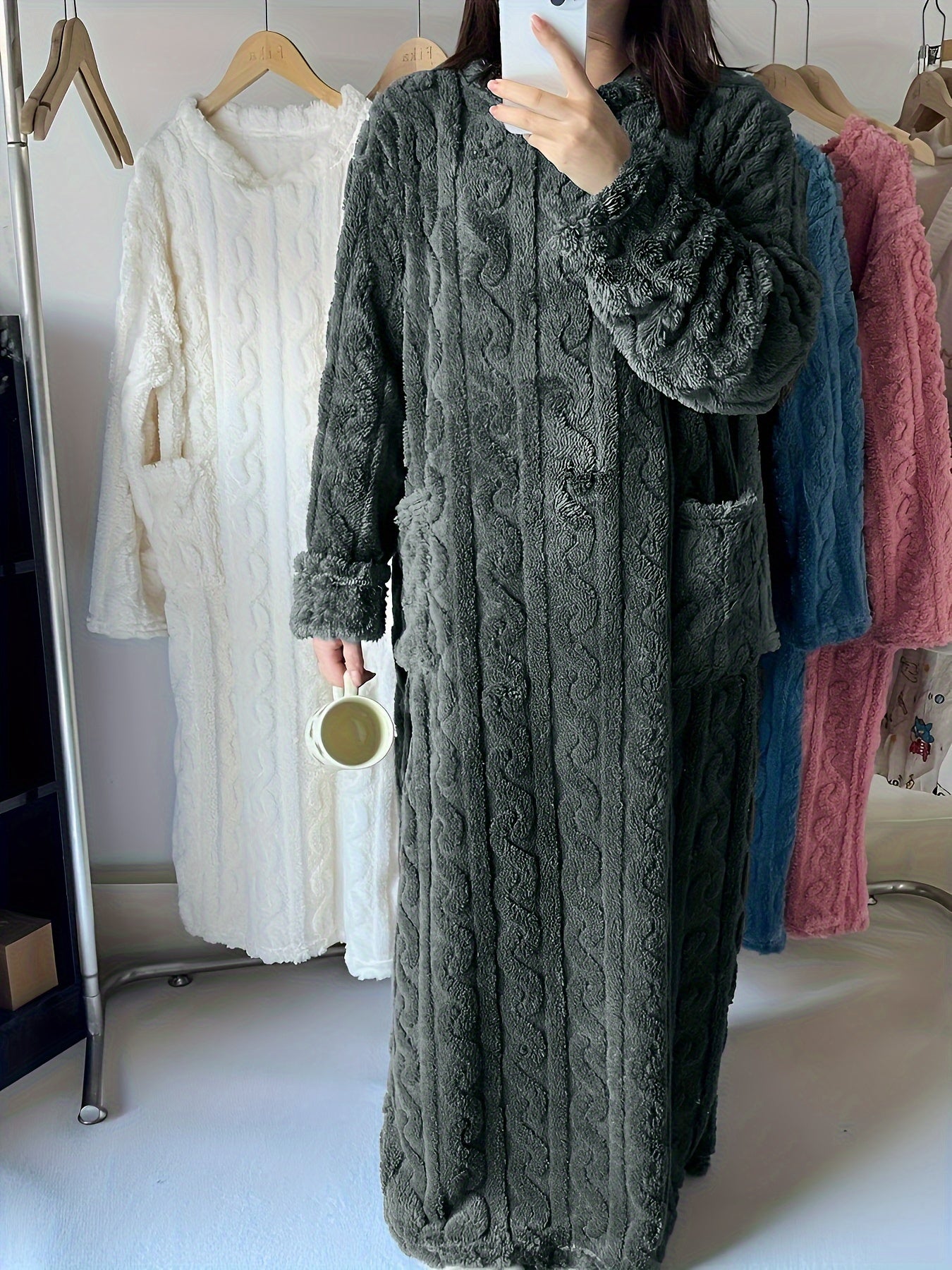 Women's Fleece-Lined Long Sleeve Nightgown with Cable Knit Texture for Fall Winter