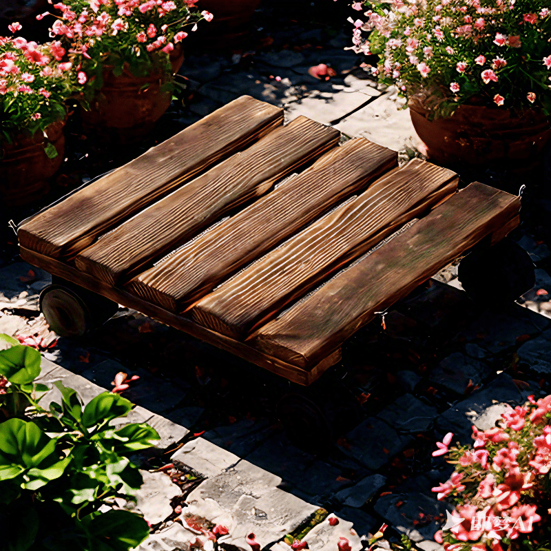 Qattiq yog'ochdan yasalgan o'simlik aravachasi, qulflanadigan g'ildiraklari bilan, og'ir o'simliklarni ichkariga yoki tashqariga ko'chirish uchun mukammal.