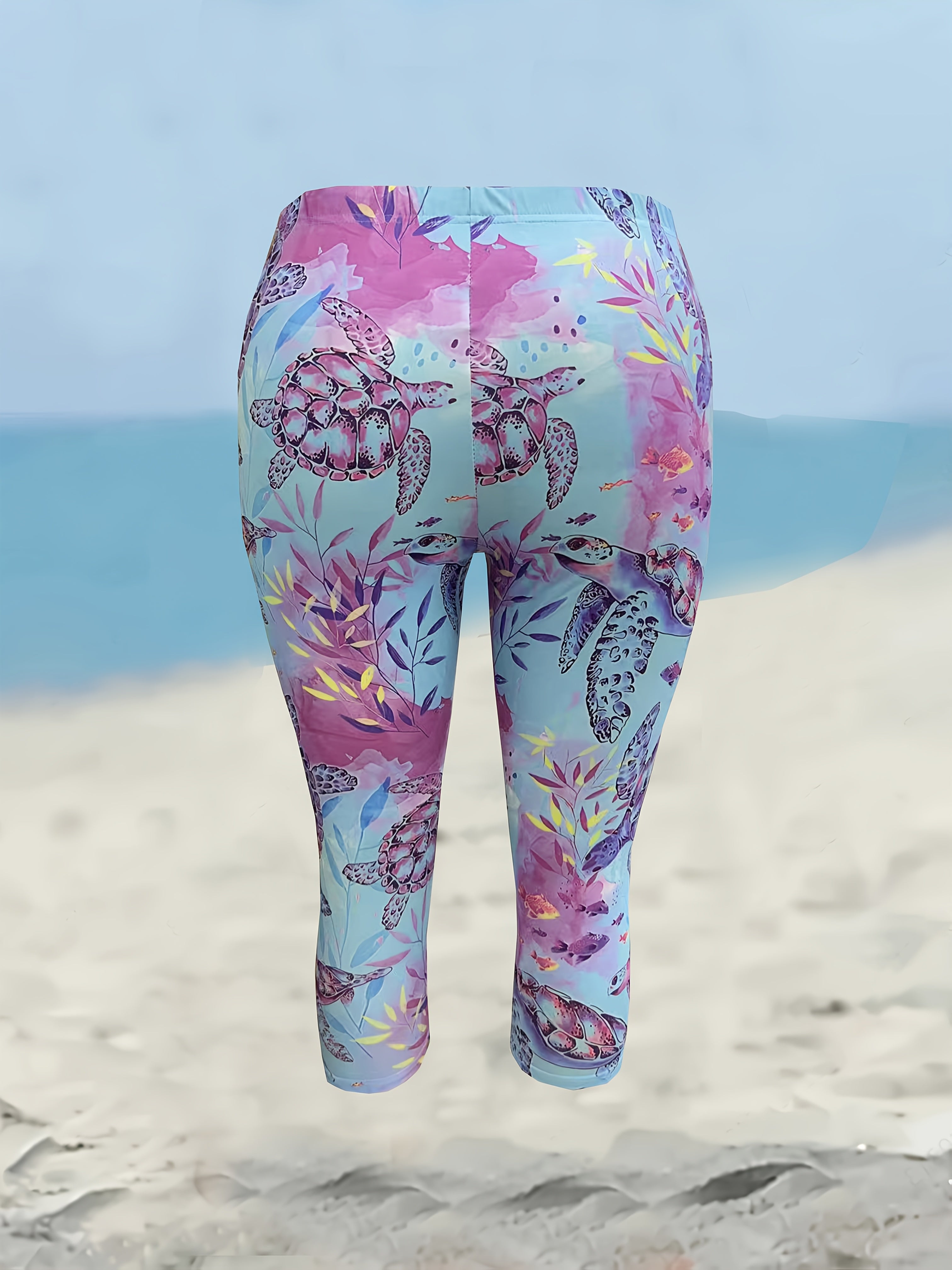 Plus Size Women's Turtle Print Leggings with Vibrant Beach Design