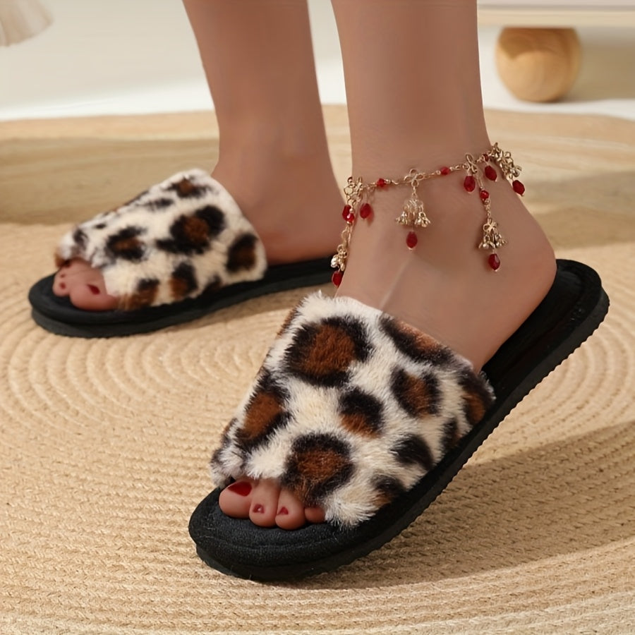 Women’s Leopard Print Plush Slippers with EVA Sole Indoor Outdoor Reliable Grip