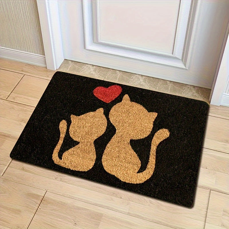 Heart Design Doormat with Cute Cat, Easy to Clean, Machine Washable, Rectangular Rug for Entryway