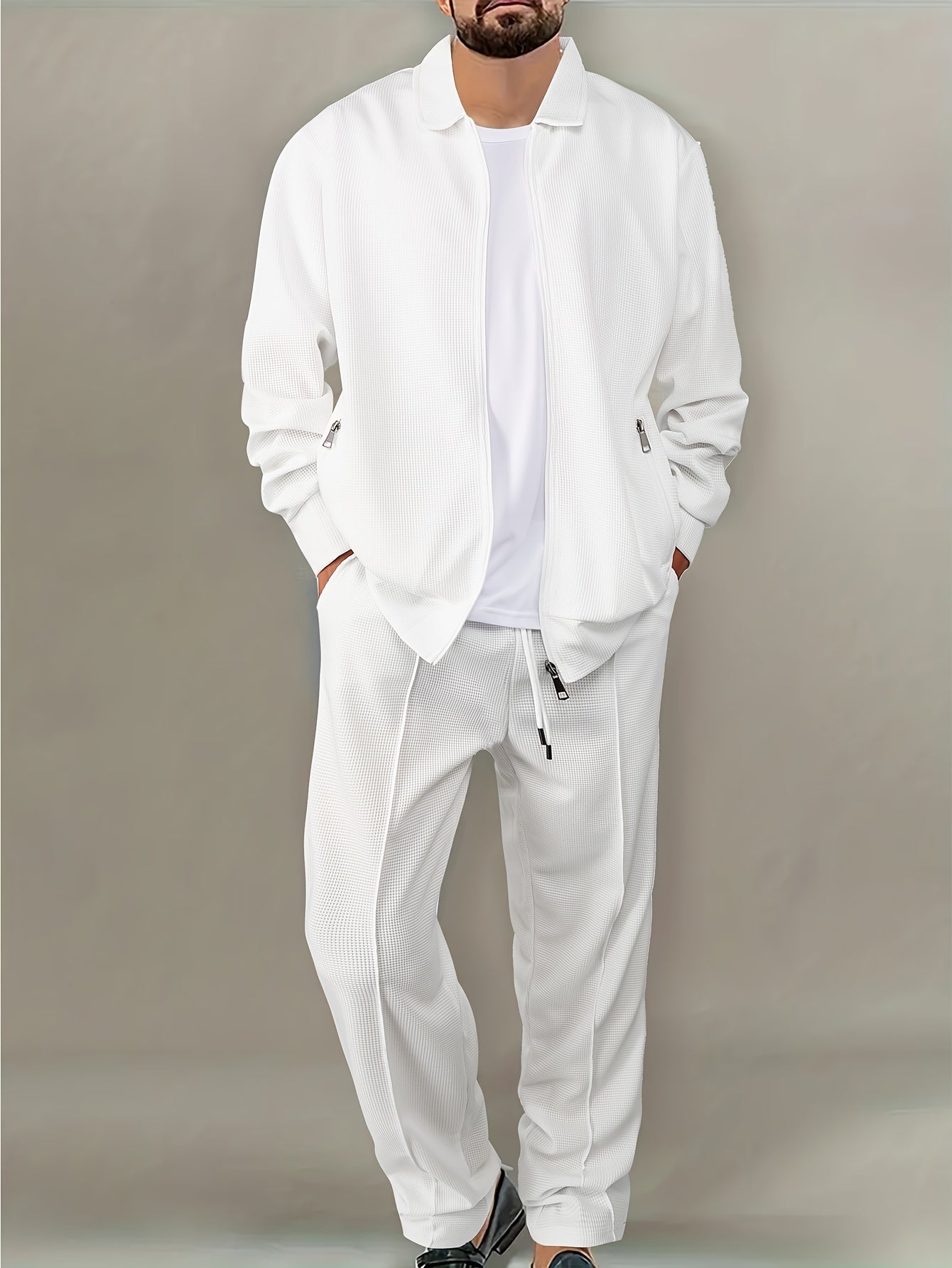 Men's Waffle Knit Casual Outfit Solid White Long Sleeve Zip-Up Cardigan and Drawstring Pants Set