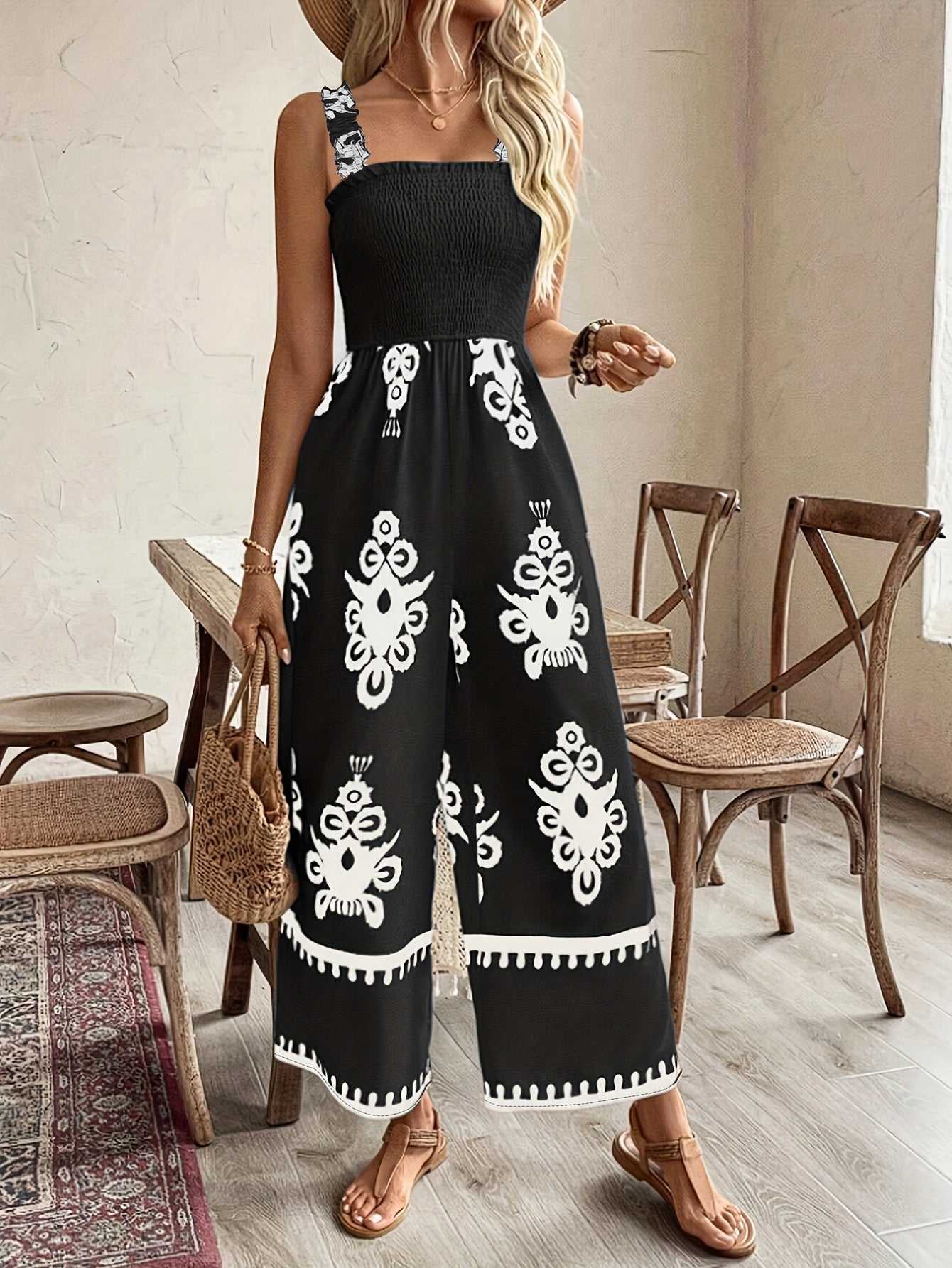 Women's Plus Size Sleeveless Floral Print Jumpsuit with Wide-Leg Pants