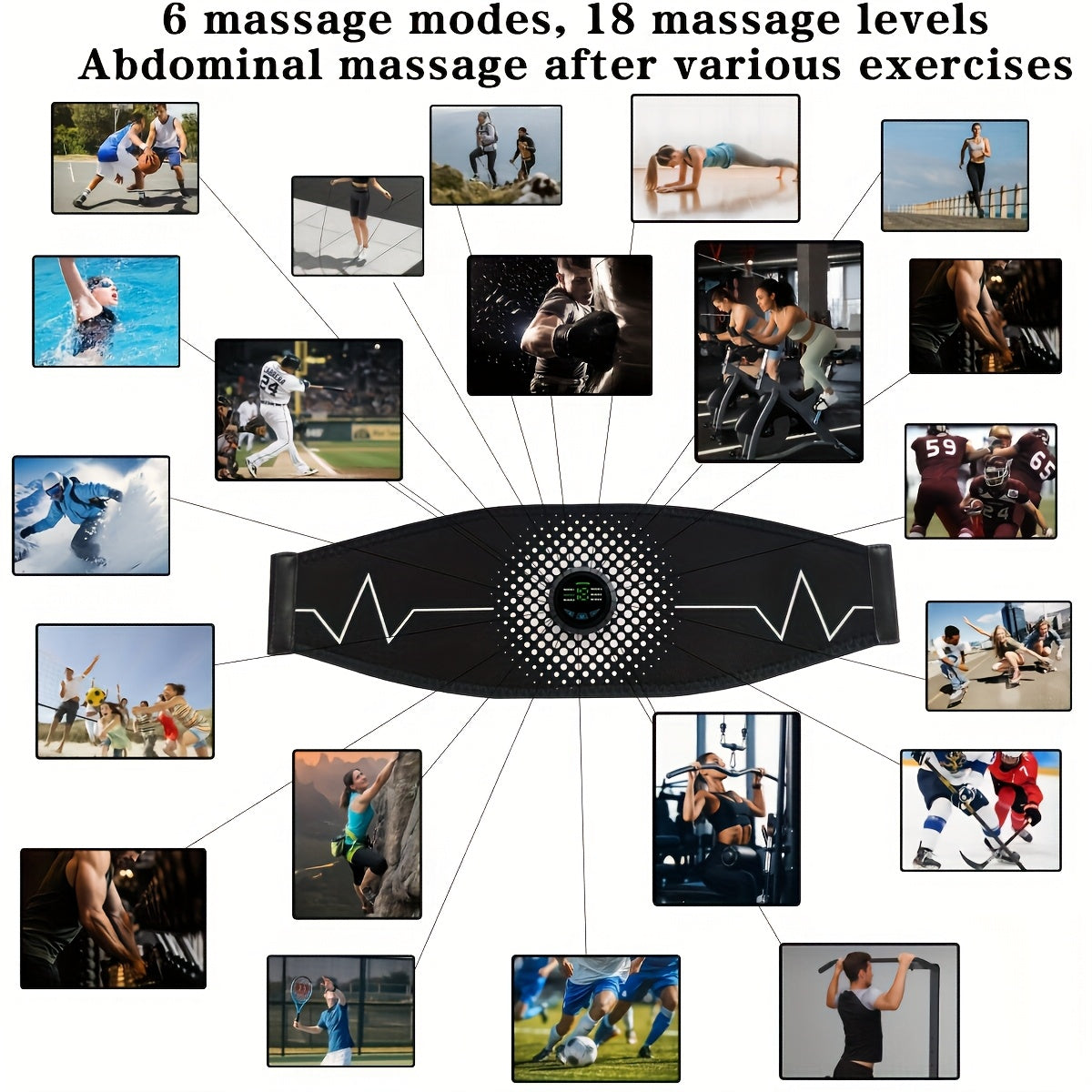 EMS massaj kamar mikroqayta tiklash bilan ichki mushaklarni mashq qilish va mushaklarni tarbiyalash uchun mo'ljallangan. Moslashtiriladigan massaj kuchlari uchun 6 rejim va 18 intensivlik darajasini taklif etadi.