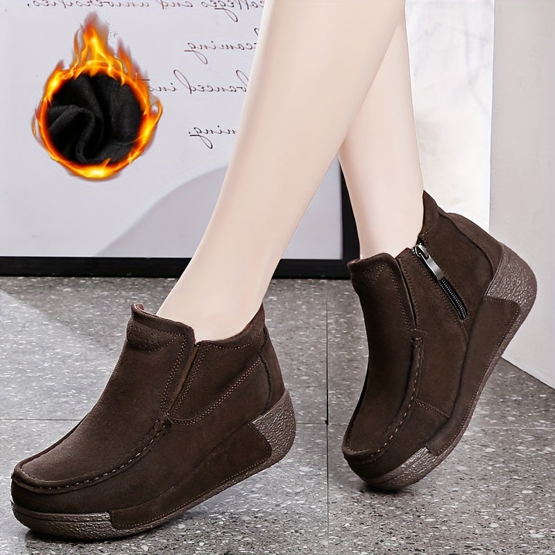 Women's Fleece-Lined Faux Leather Ankle Boots Brown Platform Winter