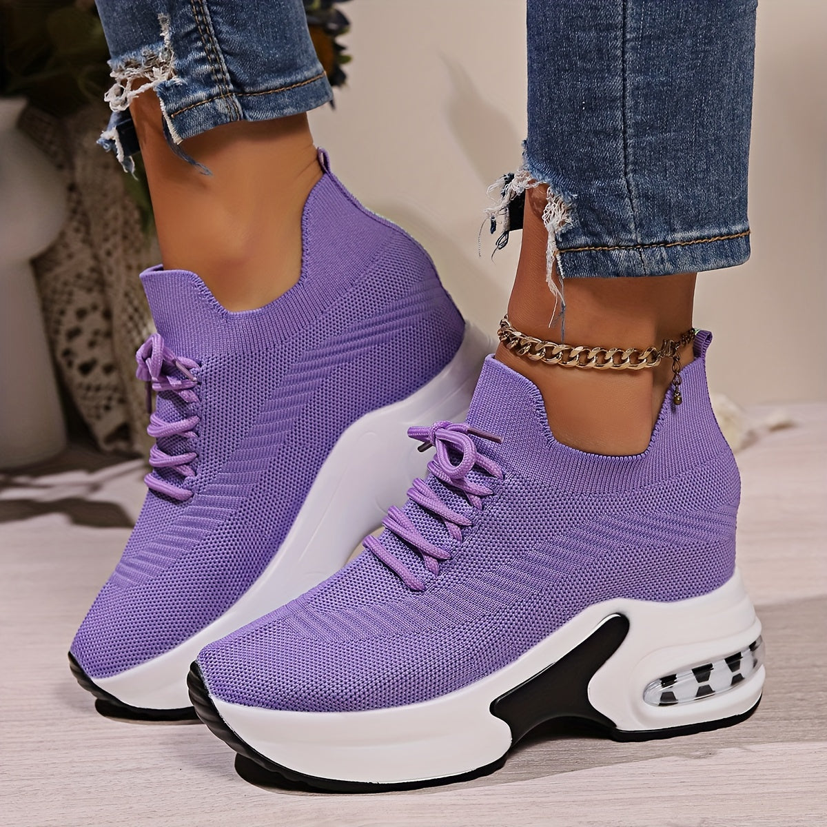 Women's Solid Color Knitted Sneakers, Lace-Up Platform Walking Shoes