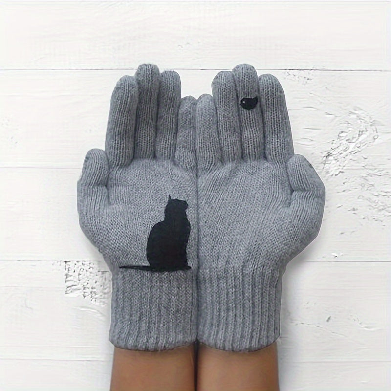 Knit Gloves for Women with Cat Print Split Finger Design Warm Winter Accessories
