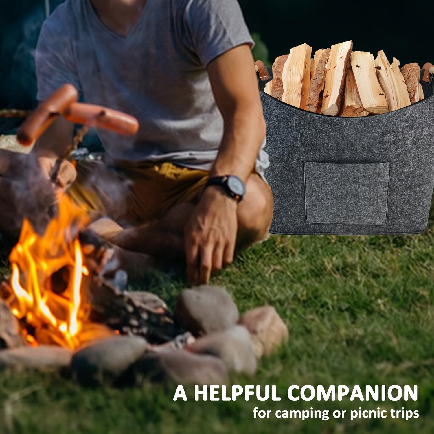 Set of 2 Large Firewood Baskets with Wooden Handles, Dark Gray Felt Storage