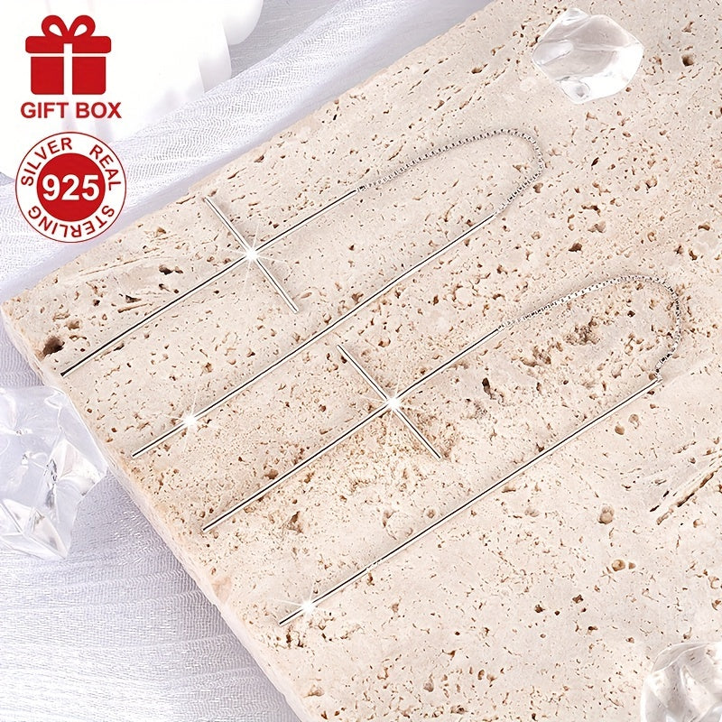 Pendientes largos de plata de ley con borla y hilo de oreja en forma de cruz para mujeres