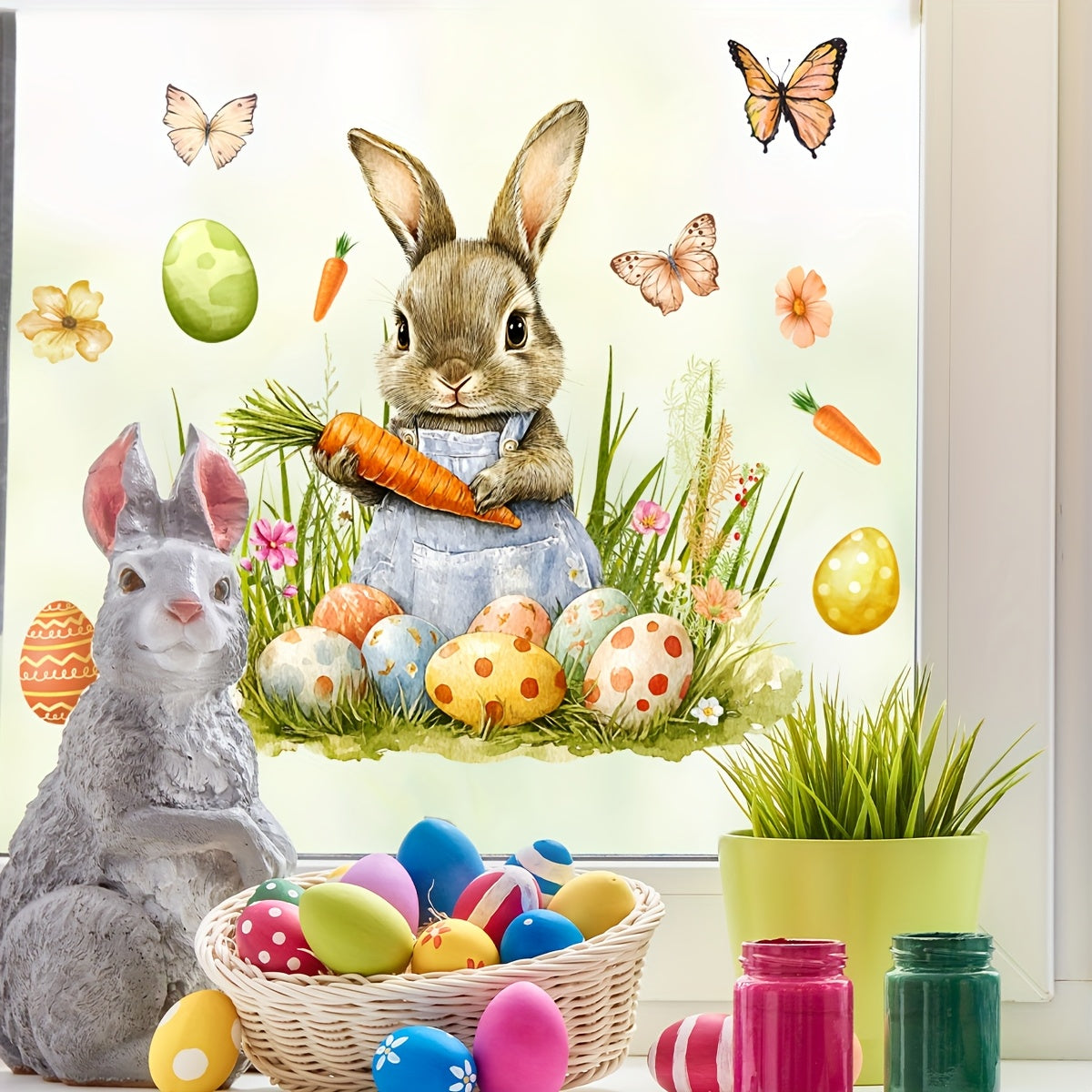 Easter Bunny and Egg Window Cling 30cm Reusable PVC Decal for Home Decor