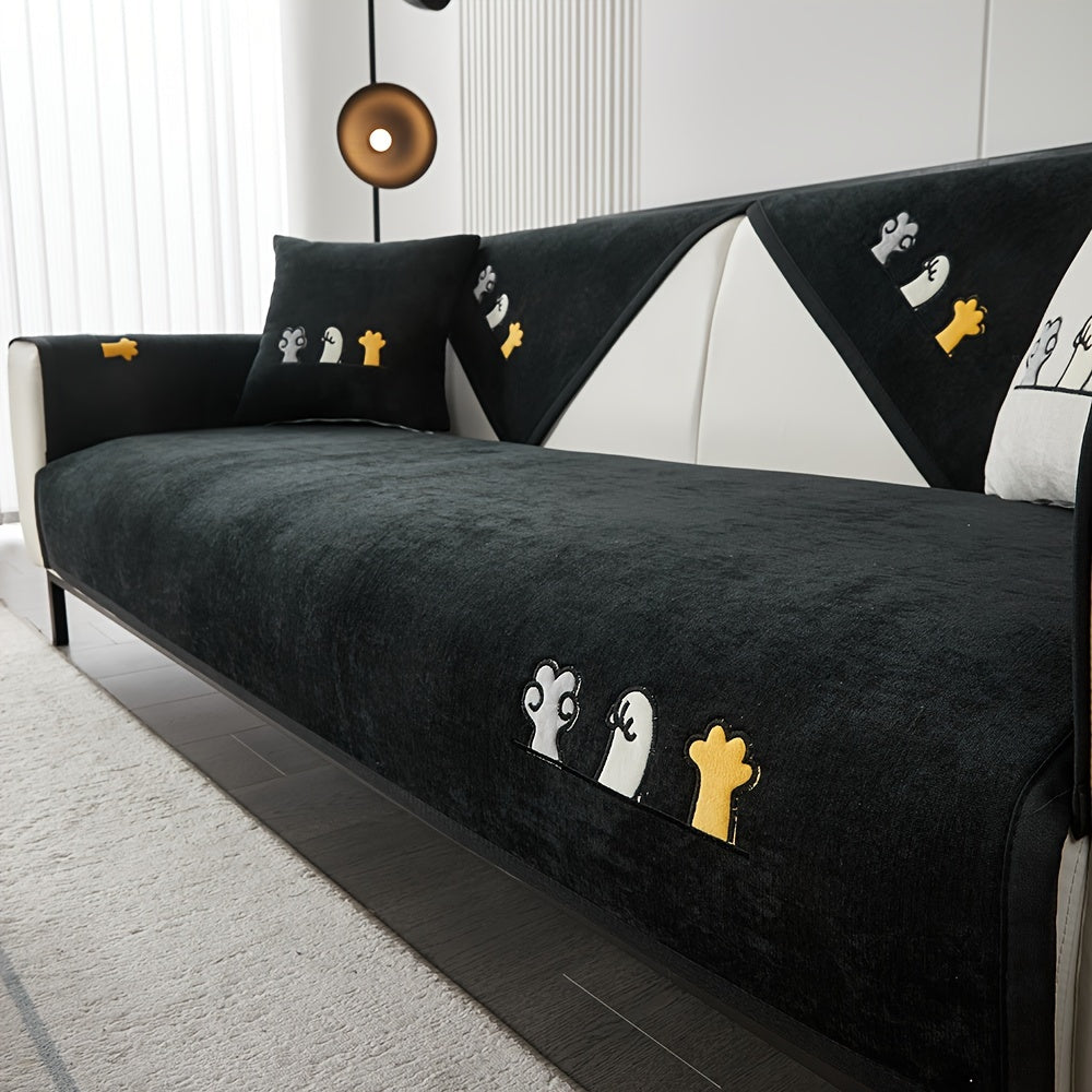 Красный чехол для дивана из шенилла с игривой вышивкой в виде косточек. Удобен для домашних животных, не скользит, можно стирать в машине, идеально подходит для диванов на 1-4 места в гостиной, спальне, офисе.