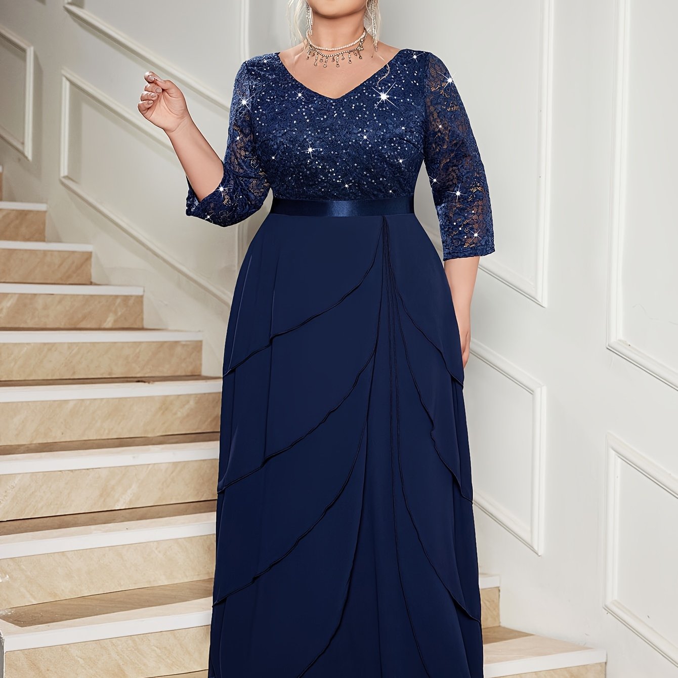 Plus Size Women's Sequin Lace V-Neck Maxi Dress Formal Evening Gown