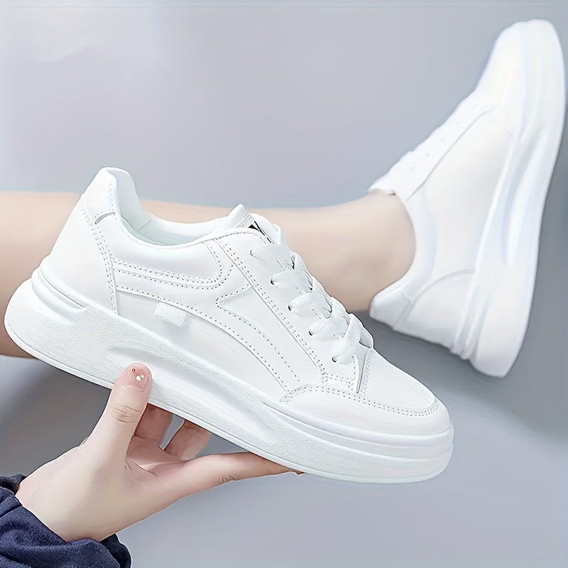 Women's Breathable White PU Low-Top Sneakers for Running and Casual Wear
