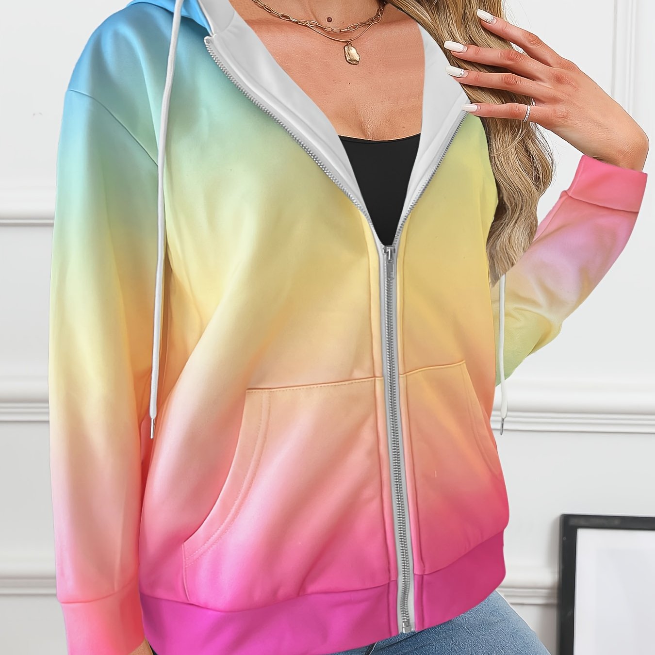 Женский худи с молнией и омбре 3D цифровой печатью, полиэстер, трикотаж, длинный рукав, повседневная куртка