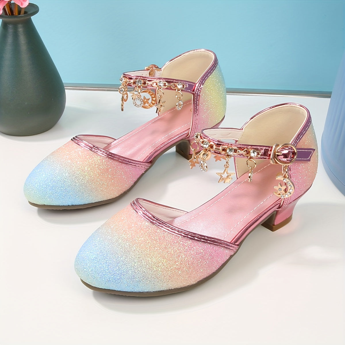 Girls' Sparkling Glitter Princess Shoes with Flower Embellishments for Performance and Fashion