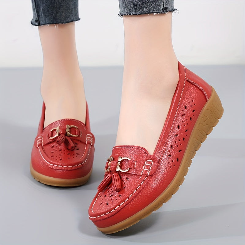 Women's Hollow Out Leather Loafers Flat Slip-On Shoes for Breathability