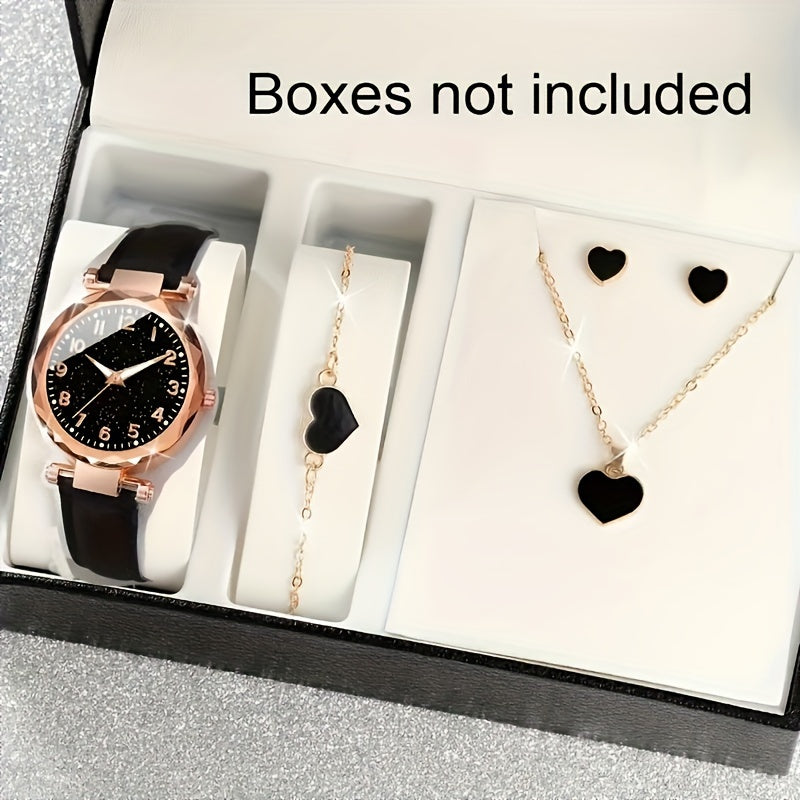 Women's Digital Quartz Watch and Heart Jewelry Set with PU Leather Band