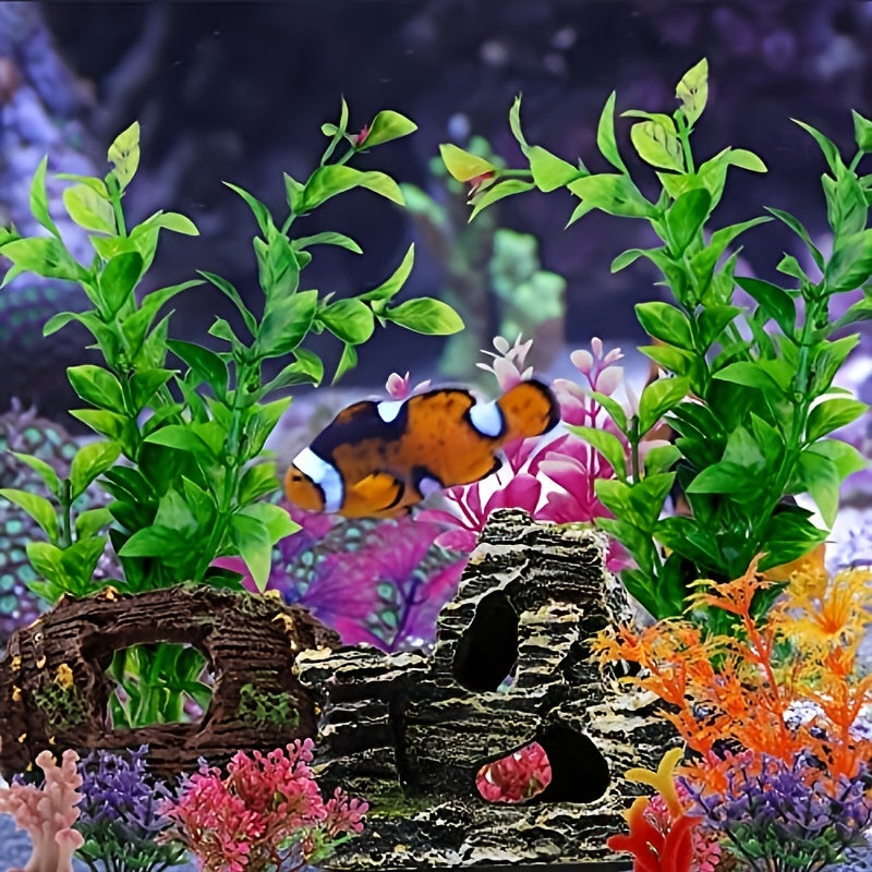 15pcs Fish Tank Decorations Resin Broken Barrel Cave Rock Plastic Plants