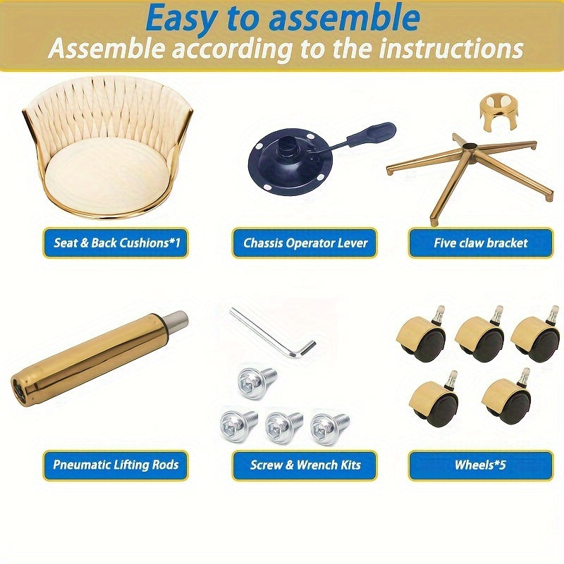 Golden Velvet Swivel Vanity Chair with Woven Backrest Adjustable Height 360° Rotation Cream Upholstery