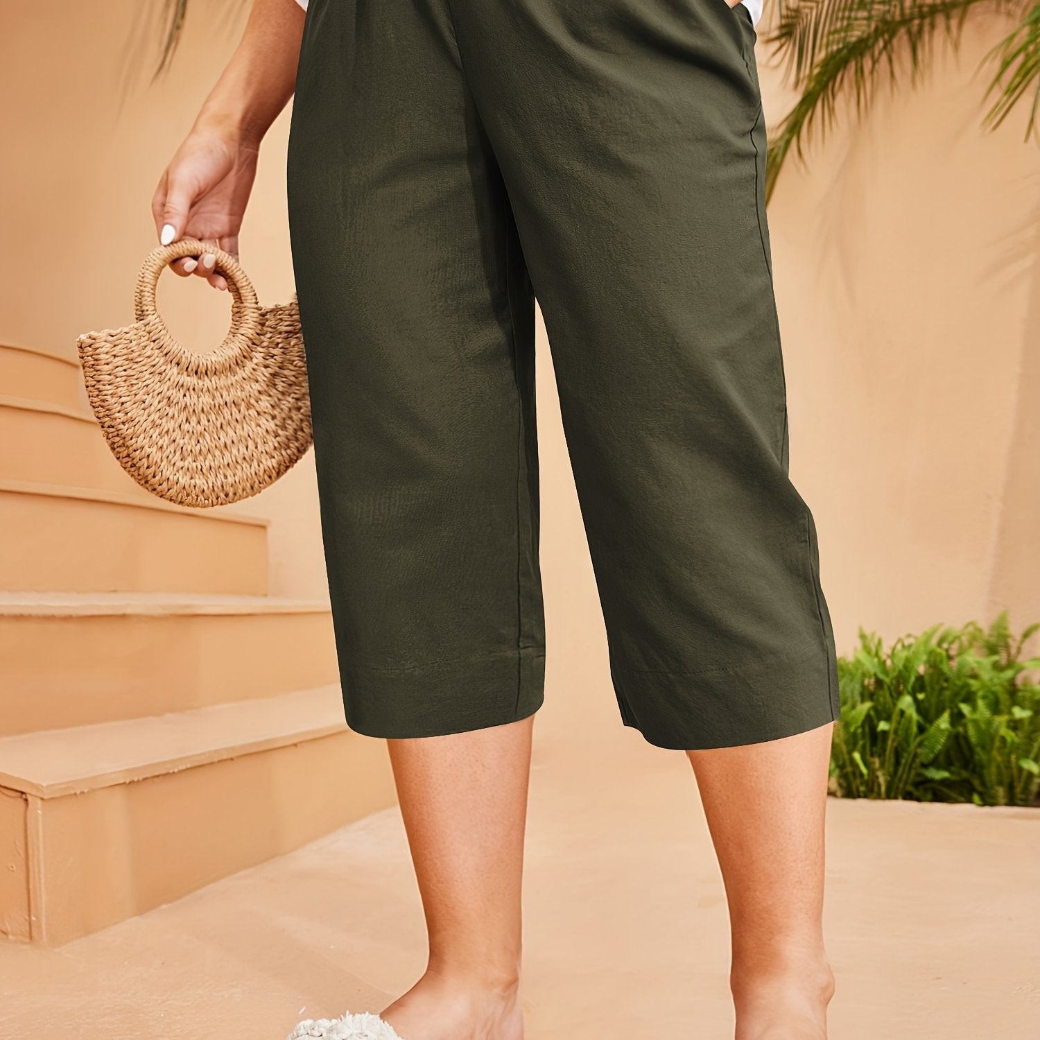 Women's Wide Leg Pants Spring Summer Breathable Linen-Feel Fabric Solid Color Elastic Waist Pockets
