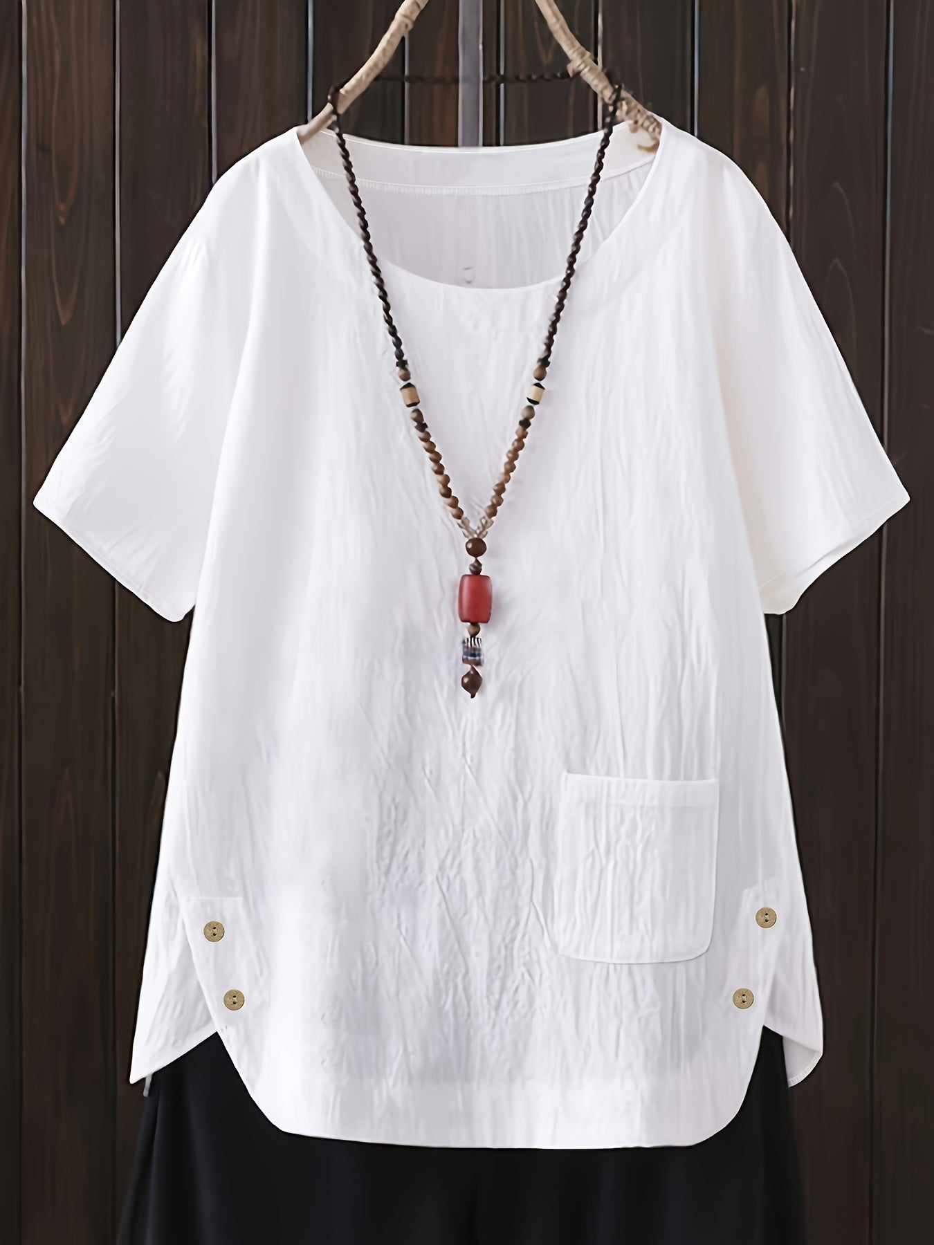 Women's Plus Size Woven Cotton-Polyester Shirt with Crew Neck and Pocket