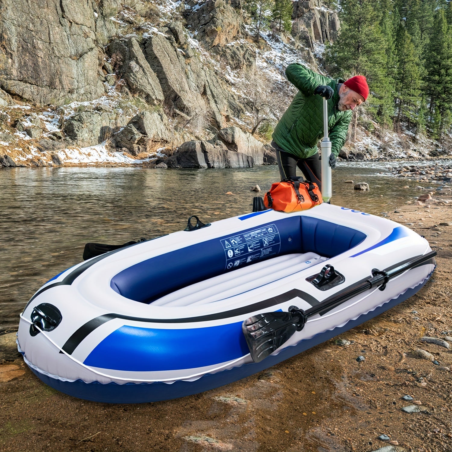 Blue Inflatable Kayak with Paddle Pump and Rudder for Fishing Outdoor Raft