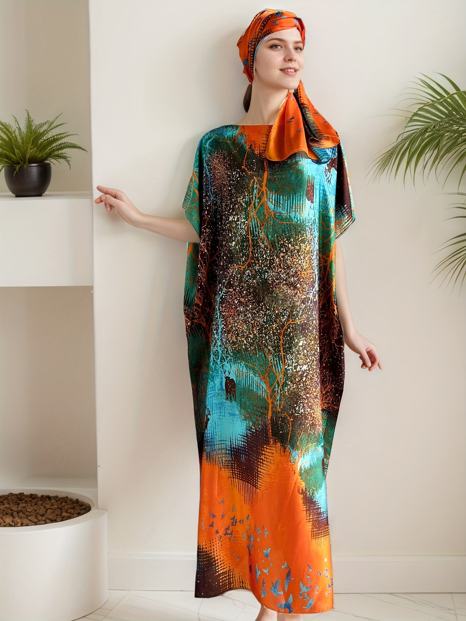 Vestido caftán de talla grande para mujer con estampado floral y bufanda, túnica larga