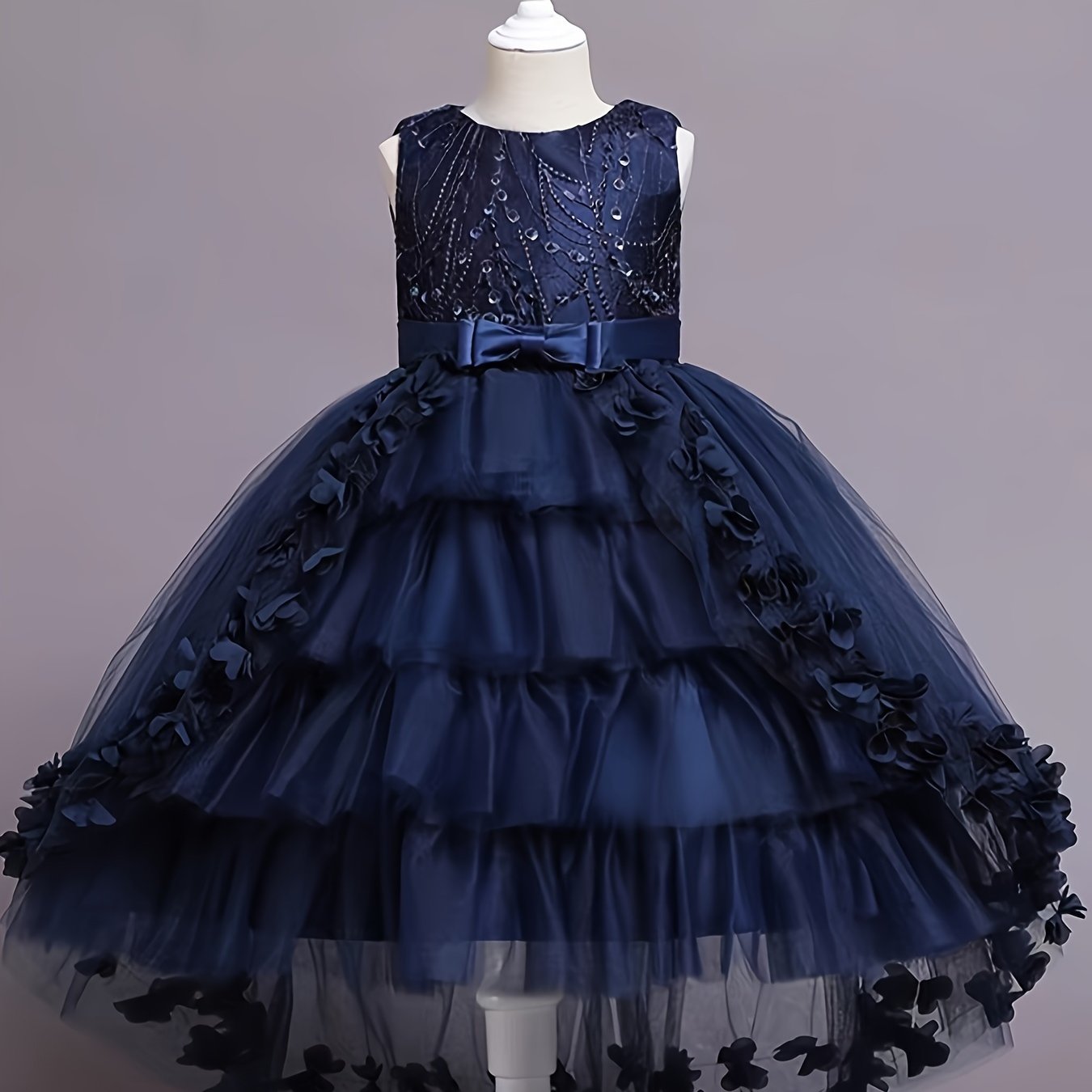 Girls Pink Princess Dress with Floral Appliqués Tulle Overlay Bow for Parties and Pageants