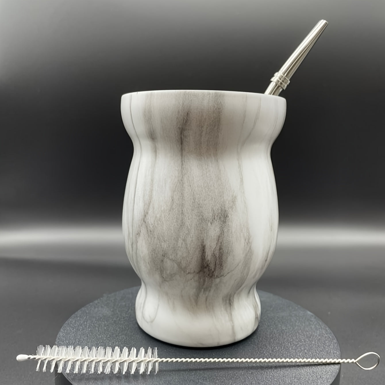 Set of 3 Stainless Steel Double-Walled Yerba Mate Cups with Straws 8oz Pink Marble