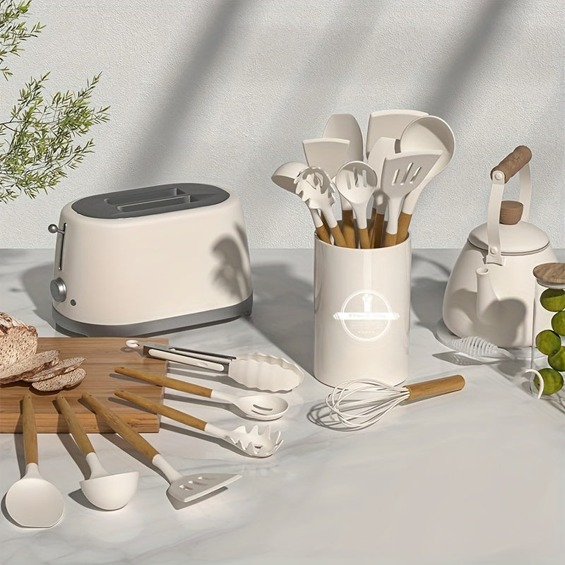 Silicone Kitchen Utensil Set 12 Pieces Non-Stick Food-Safe Cooking Tools with Wooden Handles