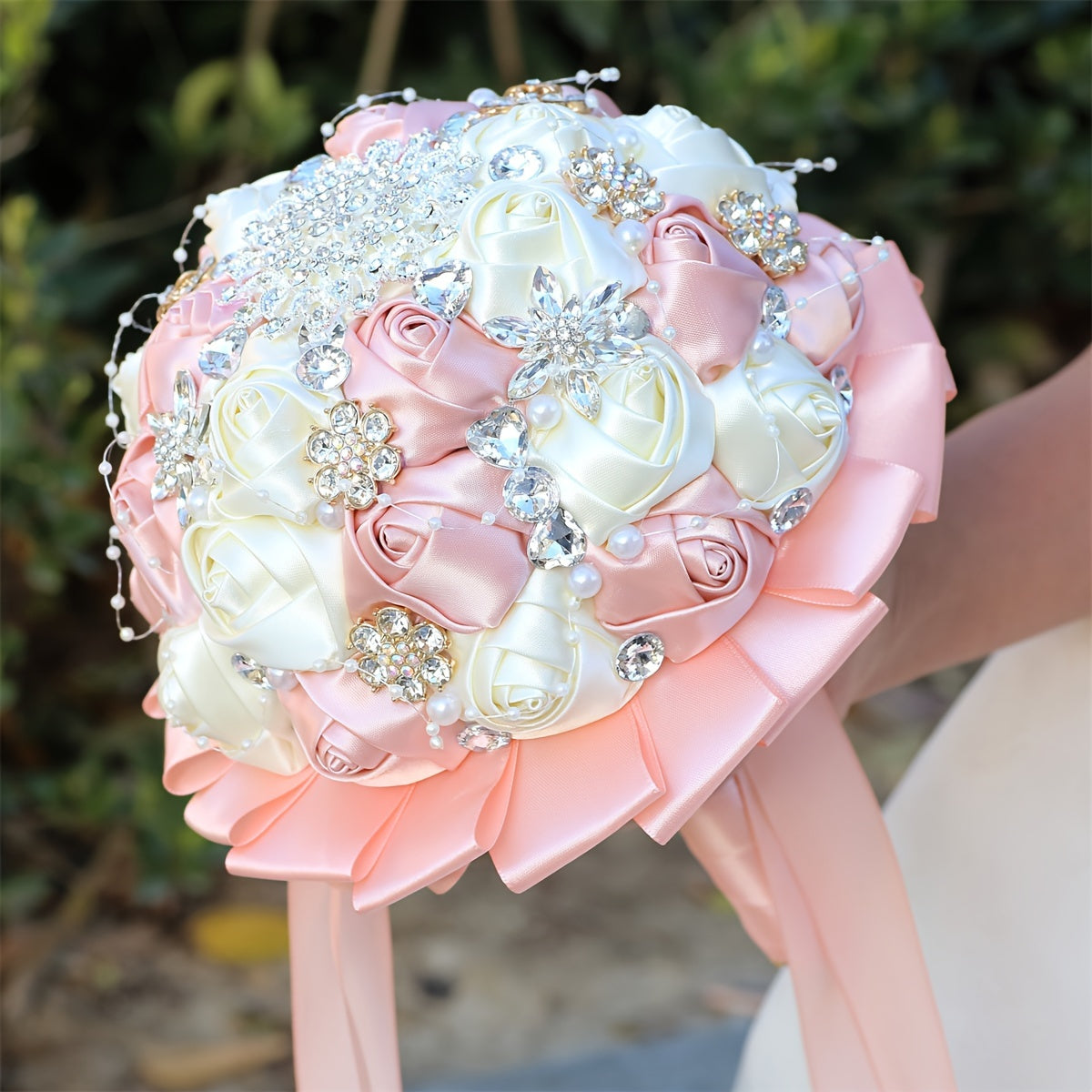 Handmade Wedding Bouquet Satin Flowers Rhinestones Faux Pearls for Bride Bridesmaids