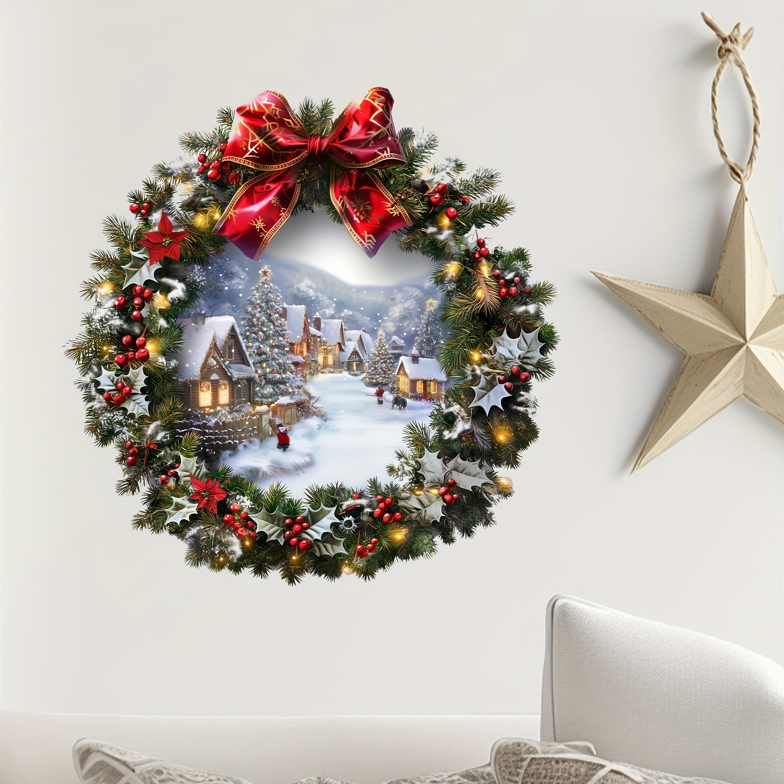 Adorno para ventana de corona de Navidad y casa de nieve para decorar en vidrio