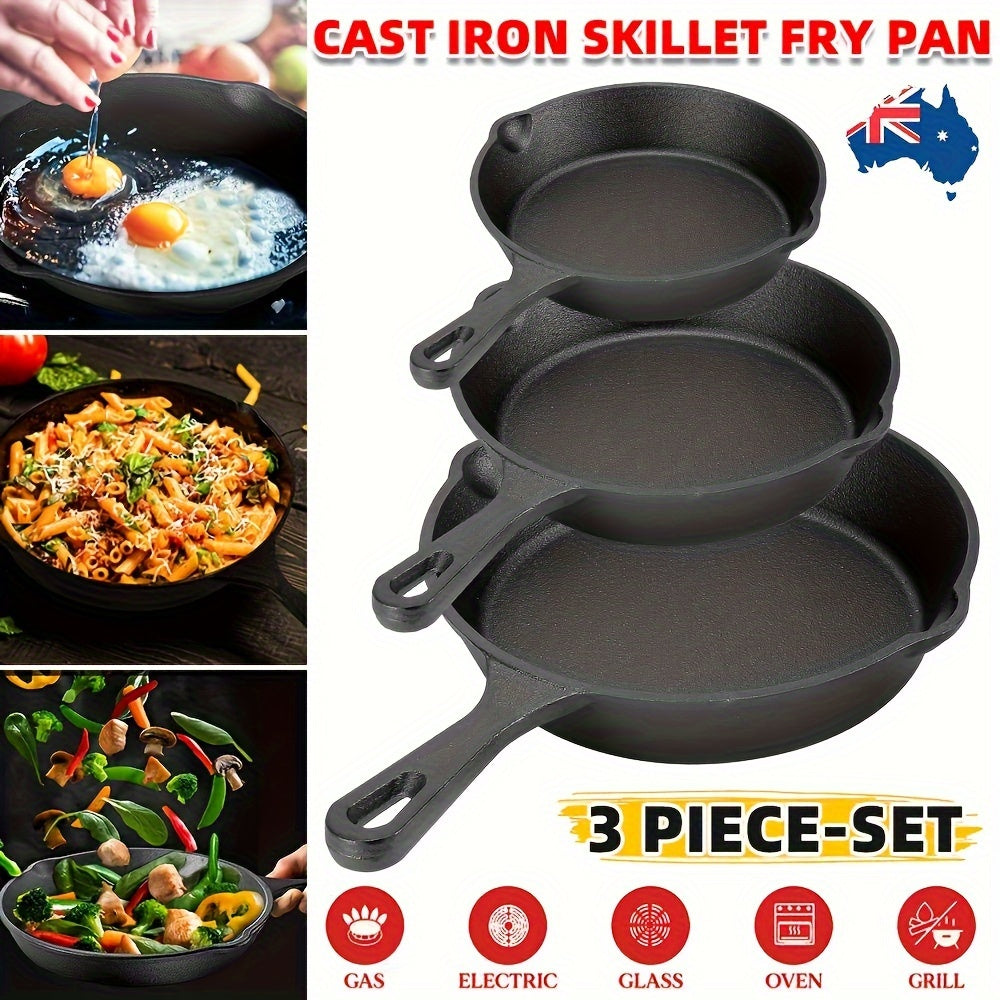 Set of 3 Cast Iron Skillets Non-Stick Coating Multi-Purpose Cookware with Pouring Spout