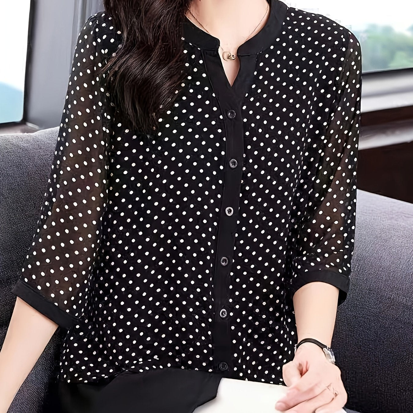 Plus Size Women's Chiffon Blouse Polka Dot Mid-Length Seven-Eighths Sleeves